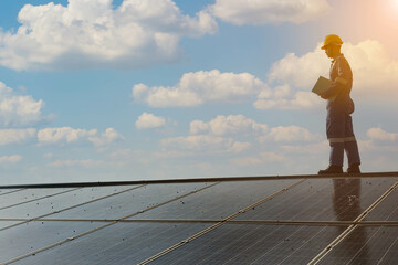 Engineer checking solar panels, solar energy, renewable energy, low key lighting.