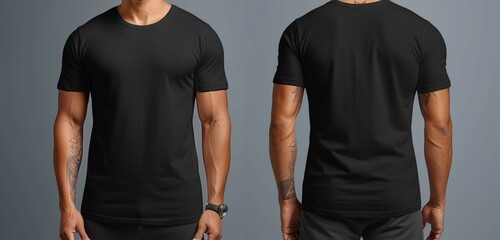 Dynamic presentation, black t-shirt mockup on gray background with strong man Front and back Generative AI