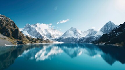 Naklejka na ściany i meble Panoramic view of snowy mountains and clear blue lake. Generative AI.