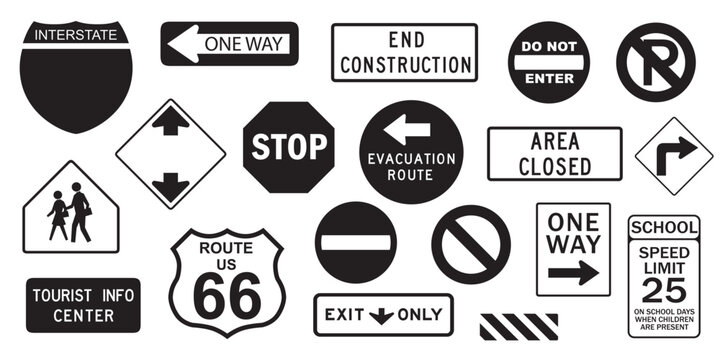 Vector illustration of road warning sign. Icons in black.