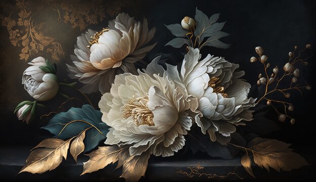 Generative AI, Close up of blooming flowerbeds of amazing white and golden flowers on dark moody floral textured background. Photorealistic effect..