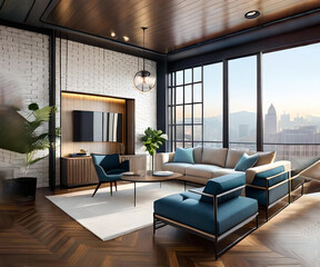 Fototapeta premium Living room interior in loft, industrial style, 3d render