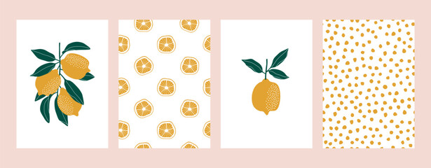 Set of bright summer cards with lemon, lemon slice, patterns. - 607740981