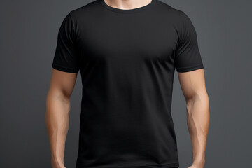 Modern clothing template, black t-shirt mockup on gray background, worn by strong man Generative AI