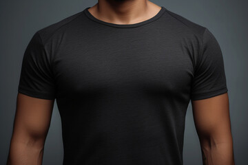 Modern clothing template, black t-shirt mockup on gray background, worn by strong man Generative AI