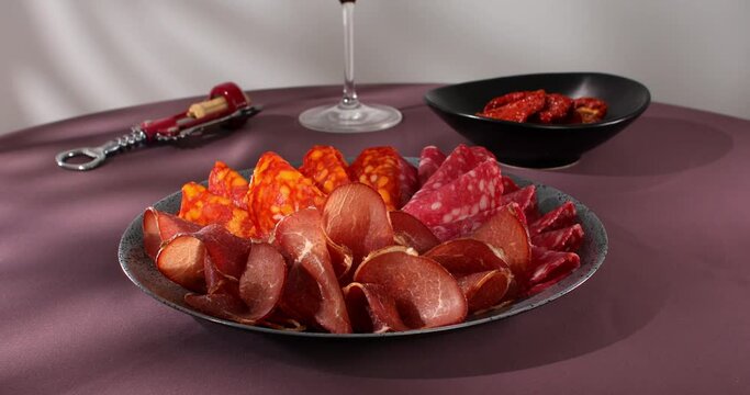 meat slices on a plate. traditional spanish sausage with beef jerky. salchichon, chorizo and prosciutto with glass of wine. serving cold cuts with dried tomatoes. antipasto in sunlight.