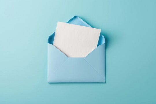 Top view photo of open blue envelope with paper sheet on isolated pastel blue background with empty space, Generative AI