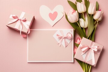 Mother's Day celebration concept. Top view photo of present boxes with ribbon bows envelope postcard with heart and bunches of pink and white tulips on isolated pastel pink background, Generative AI