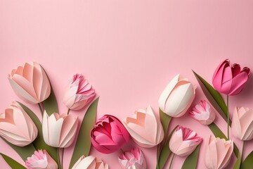 Mother's Day celebration concept. Top view photo of present boxes with ribbon bows envelope postcard with heart and bunches of pink and white tulips on isolated pastel pink background, Generative AI