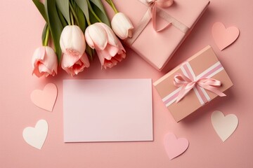 Mother's Day celebration concept. Top view photo of origami paper hearts pink and white tulips on isolated light pink background with copyspace, Generative AI