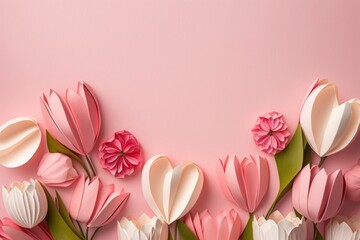 Mother's Day celebration concept. Top view photo of origami paper hearts pink and white tulips on isolated light pink background with copyspace, Generative AI