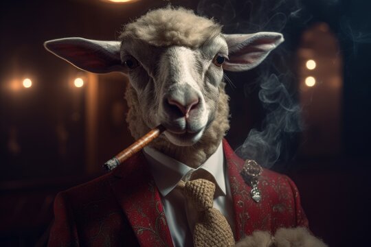 Portrait of a costumed sheep ram gentleman in a suit smoking a cigar
