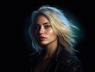 fashion futuristic woman with long blonde hair and dark style background