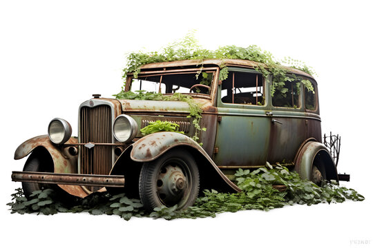 Old abandoned rusty car covered with algae and vegetation isolated. Generative AI