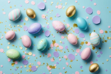 Fototapeta na wymiar Top view photo of easter decorations multicolored easter eggs gold pink and violet confetti on isolated pastel blue background, Generative AI