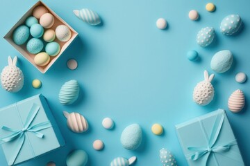 Easter decorations concept. Top view photo of blue gift boxes colorful easter eggs and ceramic bunnies on isolated pastel blue background with blank space, Generative AI