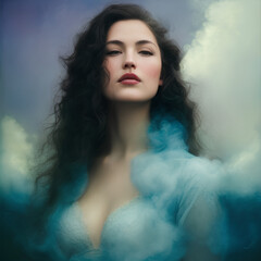 The girl is shrouded in clouds of fog and smoke. Generative AI
