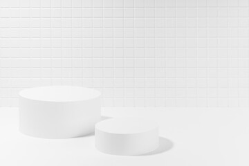 Bright white abstract stage mockup with two cylinder podiums in hard light, shadow, template for presentation cosmetic products, spa, goods,  showing, tiny mosaic tile in refined minimalist style.