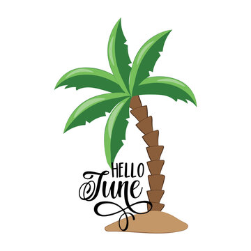 Hello June - greeting with palm tree on island. 