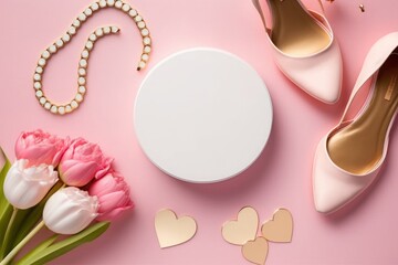 Women's Day concept. Top view photo of white circle heart shaped giftbox tulips trendy high heel shoes gold rings necklace cosmetic brushes eyeshadow on isolated pastel pink background, Generative AI