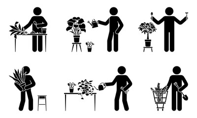 Stick figure male planting home flowers vector illustration set. Stickman person taking care of houseplant icon silhouette pictogram