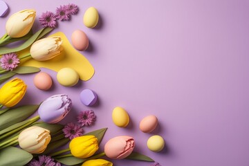 Easter concept. Top view photo of spring flowers bunches of yellow and pink tulips and colorful easter eggs on isolated pastel violet background with empty space, Generative AI