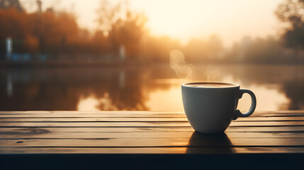 Naklejka na ściany i meble A Cup of Coffee on the Rustic Wooden Table in Front of Beautiful Lake in the Golden Warm Sunset Moment. Generative AI.