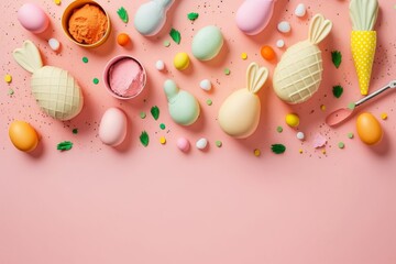 Fototapeta na wymiar Easter concept. Top view photo of colorful easter eggs bunny chicken shaped baking molds carrots and sprinkles on isolated pastel pink background with copyspace, Generative AI