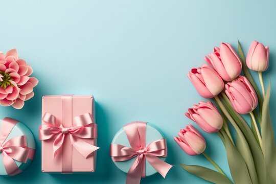 Mother's Day atmosphere concept. Top view photo of bunch of pink tulips and pink gift boxes with ribbon bows on isolated pastel blue background with empty space, Generative AI