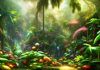 Realistic neon fruits on jungle background.