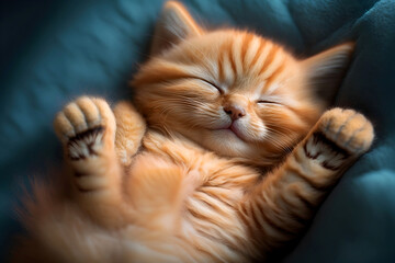 Cute ginger kitten sleeping on the back and smiling, generative ai