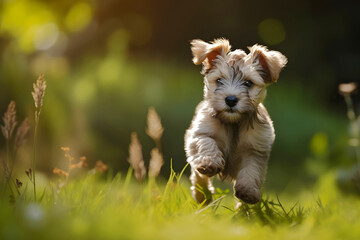 Cute grey brown fluffy puppy dog running freely in lush green grass on a sunny summer day, generative ai