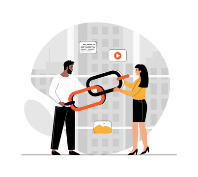 Link building. SEO strategies, search engine visibility optimization, content marketing. People holding big chain. Illustration with people scene in flat design for website and mobile development.