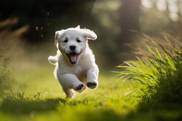 Adorable golden retriever puppy running in the grass on a sunny summer day, generative ai - obrazy, fototapety, plakaty