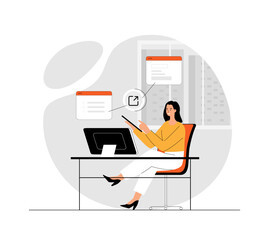 Concept of link building, SEO or search engine optimization, hyperlink. Woman with browser windows and external link. Illustration with people scene in flat design for website and mobile development.