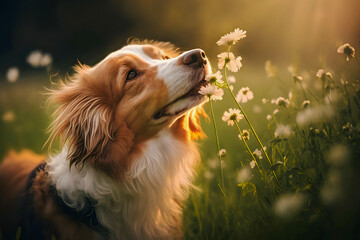 Red-haired Nova Scotia Duck Tolling Retriever in a spring meadow sniffing white flowers, generative ai