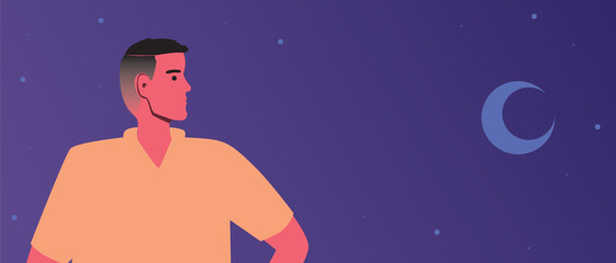 Moon and man with insomnia and mental problems at night, copy space template. flat vector stock illustration