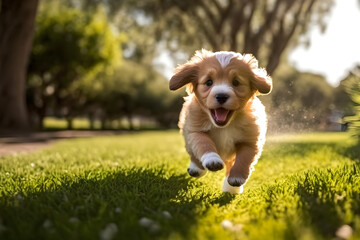 Happy white brown puppy dog running freely in a park, generative ai
