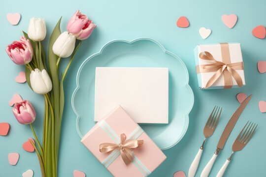 Mother's Day concept. Top view photo of heart shaped plate cutlery white and pink tulips gift boxes with bows and envelope with postal on isolated pastel blue background with copyspace, Generative AI