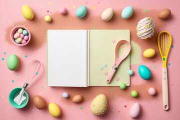 Easter concept. Top view photo of book of recipes kitchen utensils colorful easter eggs in paper baking molds easter bunny ears and sprinkles on isolated pastel pink background, Generative AI