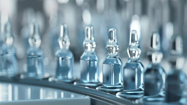Glass Ampoules on Conveyor Belt. Medical Ampoule Production Line at Modern Modern Pharmaceutical Factory. Medication Manufacturing Process.