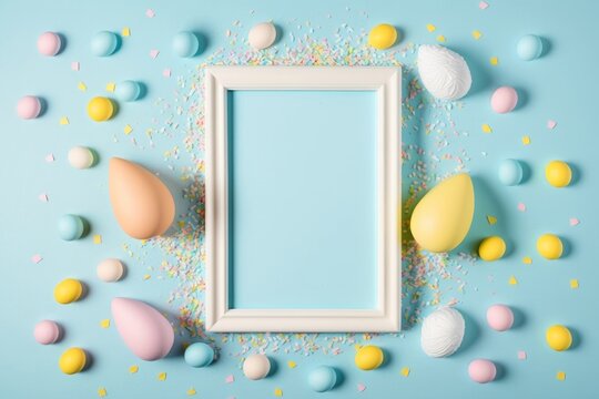 Easter concept. Top view photo of photo frame yellow white blue pink eggs easter bunny ears and sprinkles on isolated pastel blue background with empty, Generative AI