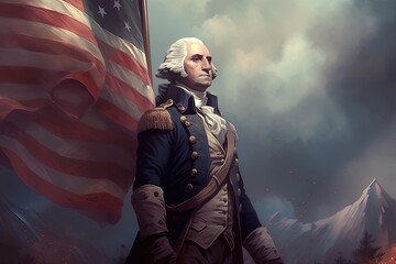 George Washington Portrait in Front of American Flag - Detailed Painting, American Scene, Gritty Coloring, Patriot, July 4th Celebration, Generated AI