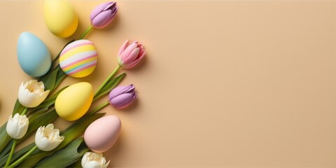 Easter celebration concept. Top view vertical photo of colorful easter eggs and tulips on isolated pastel beige background with copyspace, Generative AI