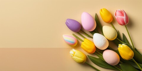 Easter celebration concept. Top view vertical photo of colorful easter eggs and tulips on isolated pastel beige background with copyspace, Generative AI