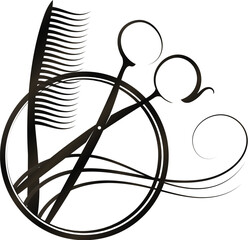 Scissors comb and curl of hair in a round frame. Design for a beauty salon