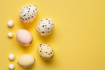 Fototapeta na wymiar Easter decorations concept. Top view photo of light pink white and gold quail eggs on isolated yellow background with empty space, Generative AI