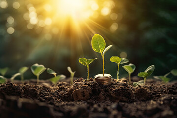 Sprouts with coins, savings and investment concept, ai generative,