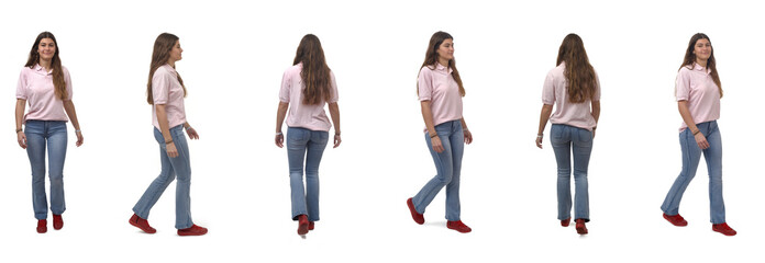 line of front,back and side view of a same young girl walking on white background