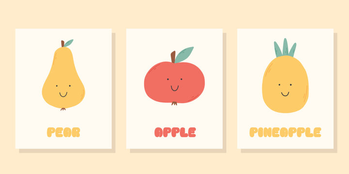 A set of kids cute fruit posters. Vector illustration. Retro posters for nursery. Groovy posters with pear, apple and pineapple.